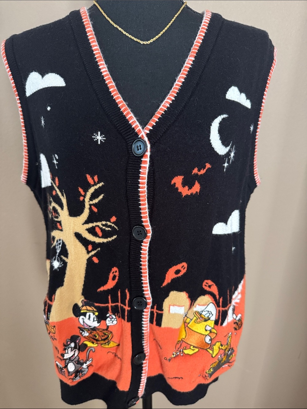 Disney Black, Orange & White Halloween Button-Front V-Neck  Sweater Vest